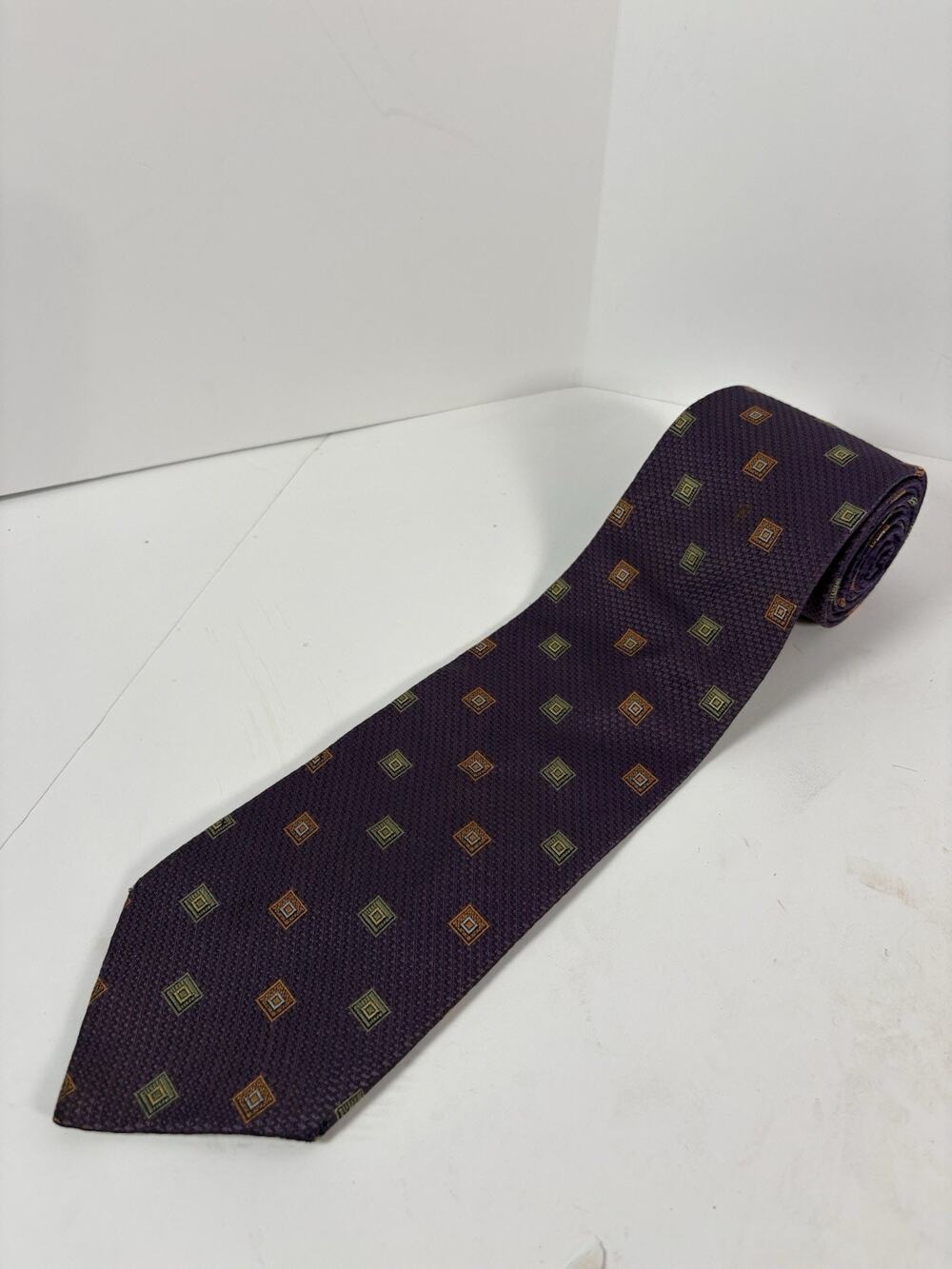 Jos A Bank Mens 100% Silk Tie Purple Geometric Squares Necktie Made in Italy